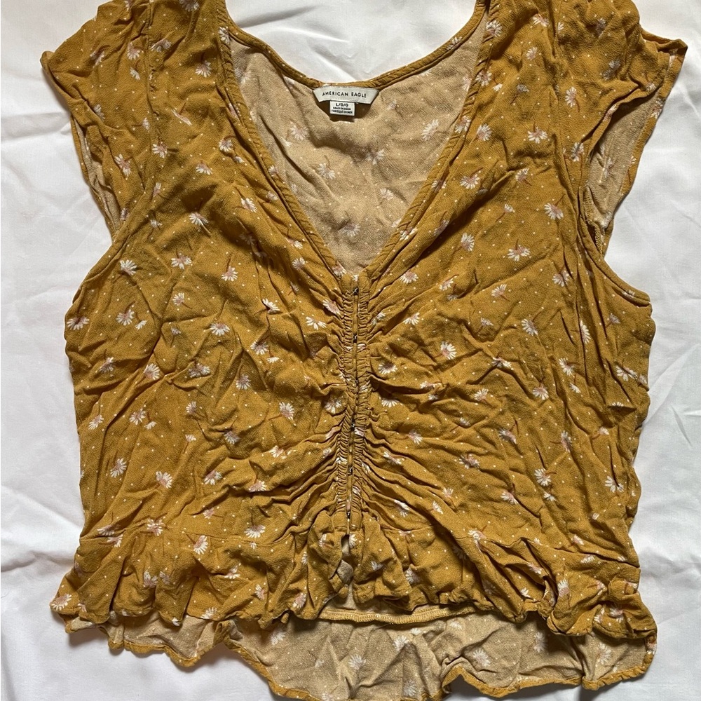 American Eagle Outfitters Yellow Ruched Cap Sleeve Blouse
